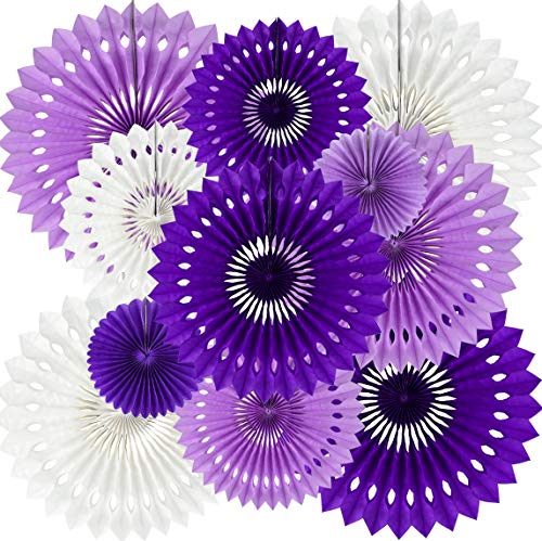 Honeycomb Round Paper Fans Purple White Hanging Party Decoration (9 Count)