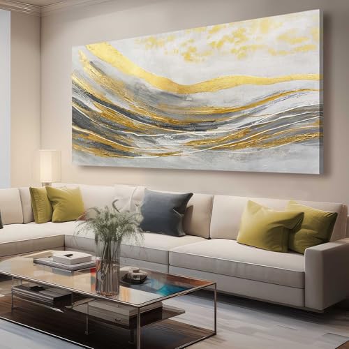 White Line Wall Paintings Modern Wall Art Gold Foil Photo Prints 29"x58" Large Dining Room Wall Decor Posters for Bedroom