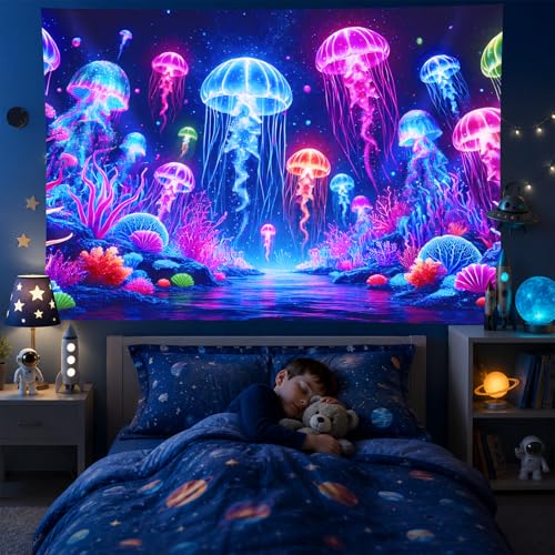 Blacklight Jellyfish Tapestry 59 X 78 Inch UV Reactive