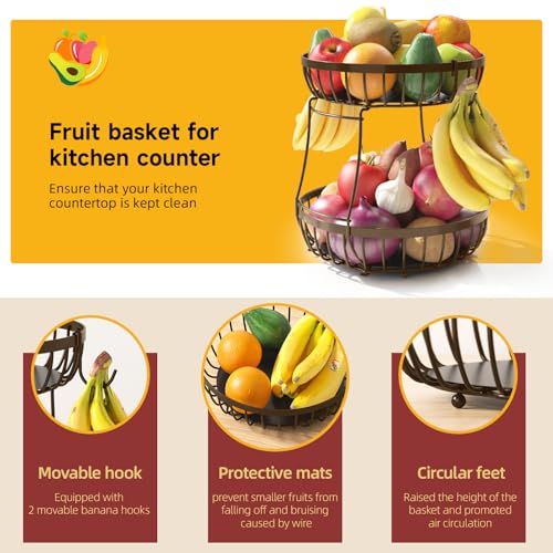 2 Tier Fruit Bowl for Kitchen Counter with Banana Hangers