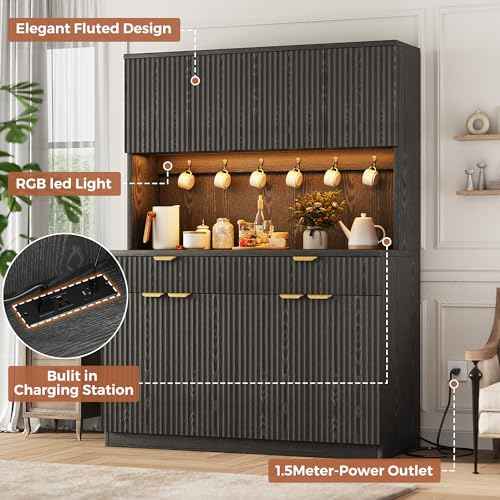 Fluted Kitchen Pantry Storage Cabinet with Charging Station & LED Lights