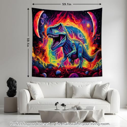 Blacklight Dinosaur Tapestry Wall Hanging Black Light Tapestries Uv Glow in the Dark Dino Poster for Teen Boys Room Bedroom 59.1" L x 59.1" W