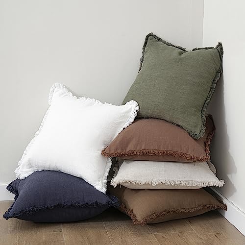 Decorative Linen Fringe Throw Pillow Covers 18×18 Olive Green (2 Count)