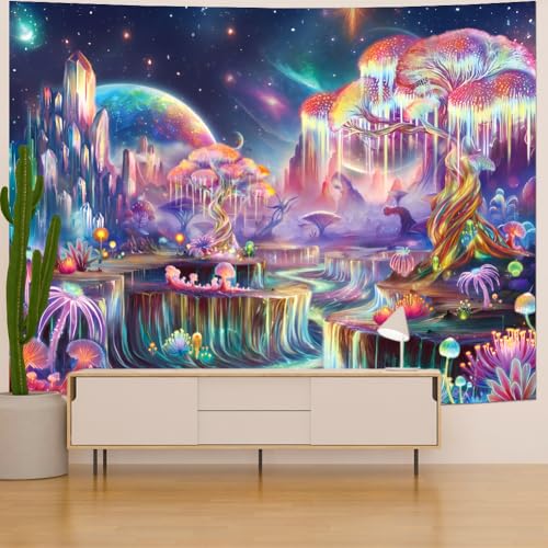 Blacklight Tapestry Fantasy Tree of Life Tapestry UV Reactive Galaxy Space Tapestries Colorful Plant Floral Mountain Landscape Tapestries Wall Hanging for Bedroom