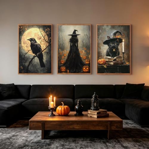 Black Cat Halloween Wall Art Dark Witch Gothic Print Set