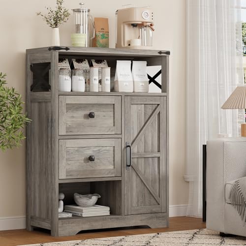 Farmhouse Buffet Sideboard Cabinet with 2 Drawers and Open Shelf