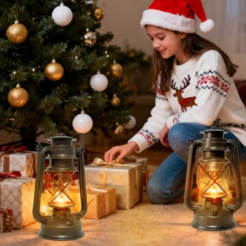 Vintage Lantern LED Outdoor Battery Powered Lanterns with Dancing Flame Wick Waterproof Camping Lamp Non