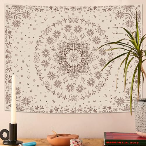Boho Floral Mandala Tapestry Wall Hanging Bohemian Flower Medallion Tapestry Aesthetic Beige Brown Hippie Indian Small Tapestries for Bedroom Living Room Dorm Decor 80 x 60 Inch
