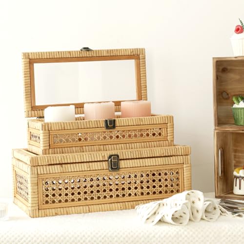 Rattan and Cane Stacking Boxes with Glass Top Lid