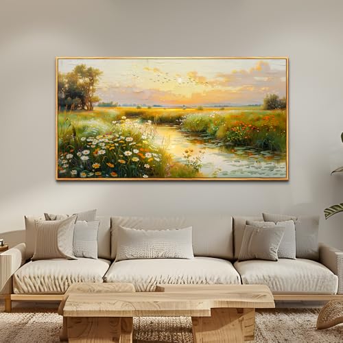 Wood Framed Canvas Wall Art For Living Room Large Wall Decor For Office Bedroom Decorations Pastoral Scenery Picture Water edge Painting Artwork Ready To Hang Home Decor 30x60 In