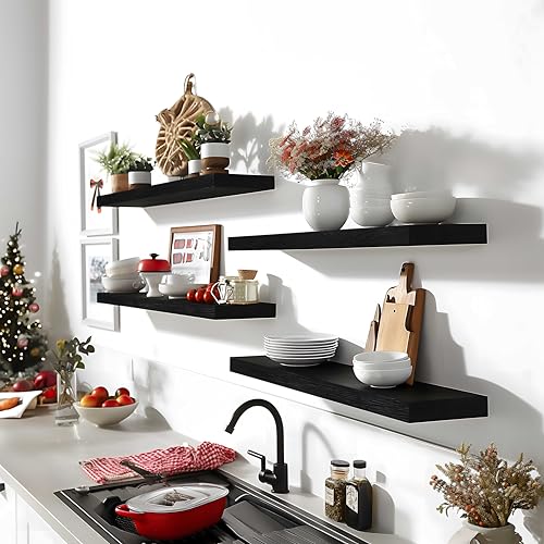 24 Inch Floating Shelves for Wall Rustic Black Wood Wall Shelves for Bedroom Set of 4 (4 Count)