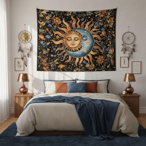 Sun and Moon Tapestry for Bedroom Boho Vintage Floral Hippie Wall Tapestry Aesthetic Retro Flower Plant Small Tapestries Wall Hanging for Living Room Dorm Decor 48 x 36 Inch