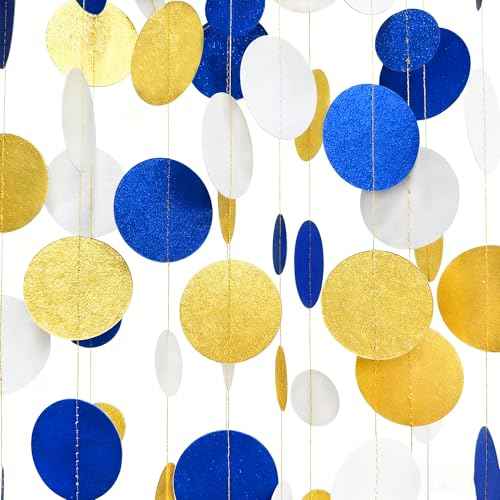 Royal Blue Gold White Party Polka Dot Garland Dark Blue Glitter Gold White Hanging Paper Circle Dots Streamer for Birthday Graduation Wedding Shower Retirement Nautical Party Decorations Supplies