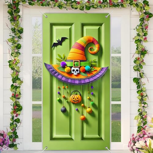 Halloween Door Banner Skull Witch Hat 35x71 Inch Polyester