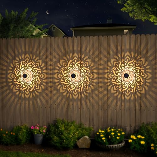 2 Pack Large Solar Fence Lights Metal Solar Powered Outdoor Wall Deck Step Lights Mandala Theme Waterproof Fence Light for Garden Post Patio Backyard Yard Decor (2 Count)