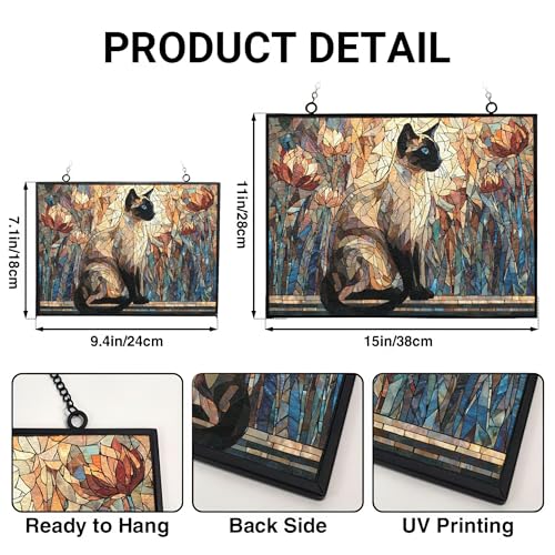 Customized Rectangle Mosaic Siamese Cat On Windowsill Stained Glass Window Hanging Sun Catcher Halloween Haning Ornament Decoration Christmas Birthday Gifts for Lover