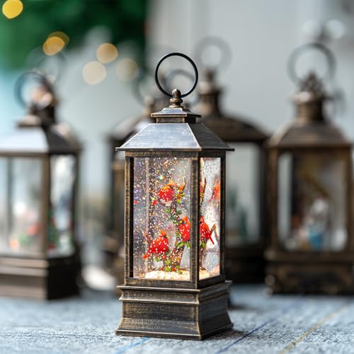 Christmas Snow Globe Lantern Water Glittering 10'' Cardinal with Music & Timer