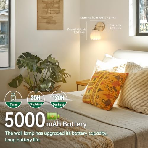 Vintage Battery Operated Wall Sconce with White Tulip Glass Lampshade 5000 mAh Rechargeable Battery Powered Wall Light with Remote Control for Bedside Bedroom Doorway (2 Count)