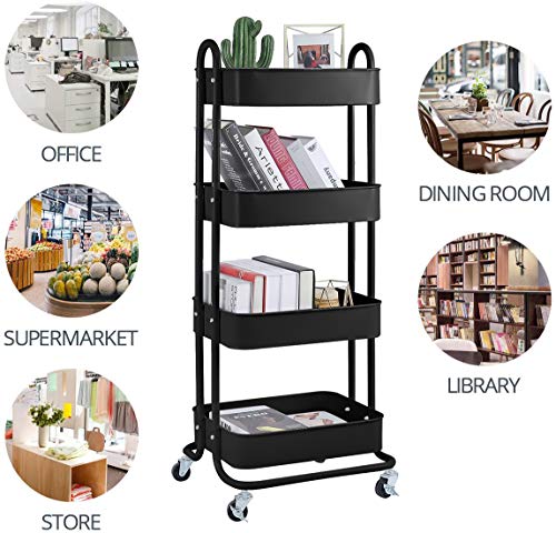 4 Tier Metal Mesh Utility Rolling Cart Storage Organizer Shelf Rack with Lockable Wheels for Living Room Kitchen Office