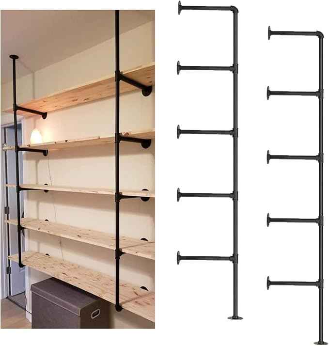 Industrial Wall Mount Iron Pipe Shelf Shelves Shelving Bracket Black Vintage Retro Ceiling Hung Shelf DIY Open Bookshelf Storage for offcie Room Kitchen (2PcsX5Tier,68" Tall,10" deep,Hardware Only)