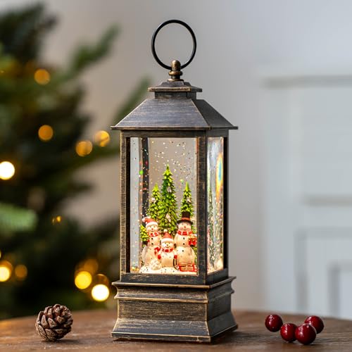 Christmas Snow Globe Water Lantern with Snowman Family Sledding Scene Battery Operated or USB Powered Musical Lighted Holiday Decoration for Tabletop Display for Family and Friends