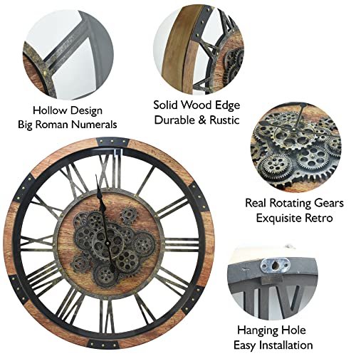 30'' Large Wall Clock Real Moving Gears Oversized Industrial Solid Wood Rusic Farmhouse Clocks for Living Room Wall Decor Home Office