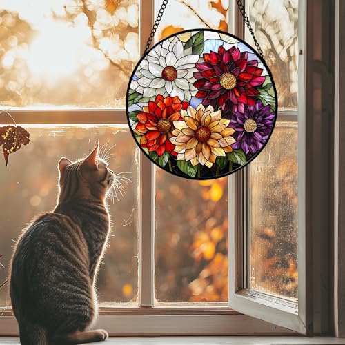 Stained Glass Window Hanging Color Dahlia Suncatcher Gifts for Women 15"