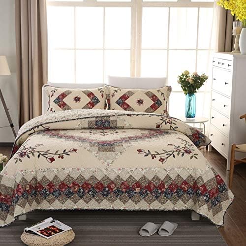 Beige Floral Embroidered Quilt Set King Size 100% Cotton Ethnic Patchwork Bedspread Coverlet Country Rustic Embroidery Reversible Geometric Bedding Cover Set Soft Cotton Comforter Cover (3 Count)