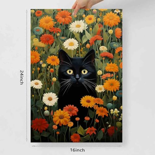 Black Cat Wall Art Colorful Flower Pictures Funny Cat Painting Green Plant Pictures Colorful Wildflowers Wall Art Cute Animals Floral Picture Aesthetic Living Room Decor 16x24inch No Frame