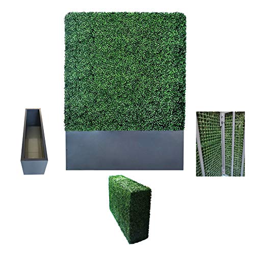 Artificial Boxwood Hedge Wall with Dark Gray Stainless Steel Planter Box Privacy Wall Backdrops (21.32 Sq Ft)