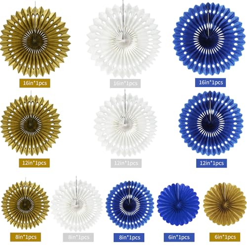 Honeycomb Round Paper Fan Blue Gold White Hanging Party Decoration (11 Count)