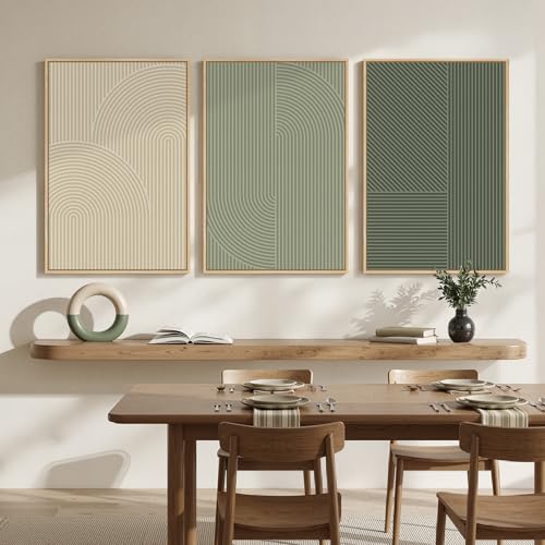 Large Framed Green Neutral Beige Abstract Wall Art for Living Room (3 Count)
