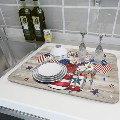4th of July Dish Drying Mat for Kitchen Counter Patriotic Floral Super Absorbent Reversible Microfiber Kitchen Countertop Protector Dishes Pad Large 18x24 inch