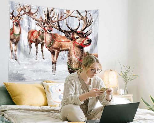 Winter Tapestry Wall Hanging Winter Forest Backdrop Christmas Snowy Deer Wall Decor Snow Elk Tapestries for Bedroom Living Room Dorm Party Decoration