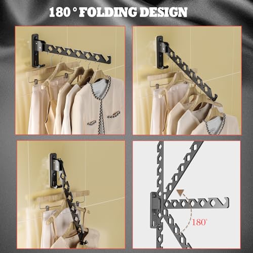 Wall Mount Coat Hanger Holder Black Clothes Drying Organizer Rack Garment Hooks Aluminium Retractable Folding Indoor Wall Mounted Hanger for Laundry Room Bedroom Black 2Pack with 80cm Rod