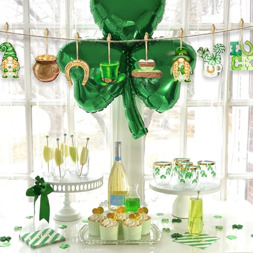 Mtruil 12 Pcs St Patricks Day Ornaments for Tree Shamrock Wooden Dwarf