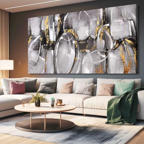 Black and Grey Painting Pictures Abstract Wall Decor for Office 29"x 58" Modern Artwork Gold Foil Wall Art for Living Room Dining Room Bedroom