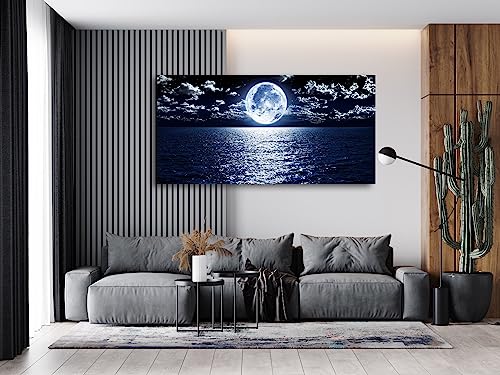 S06962 Wall Art Canvas Prints Moon Sea Ocean Landscape 1 Panels Full Moon in Cloud Pictures Paintings Stretched and Framed for Living Room Bedroom Kicthen Office Artwork 24x48inch