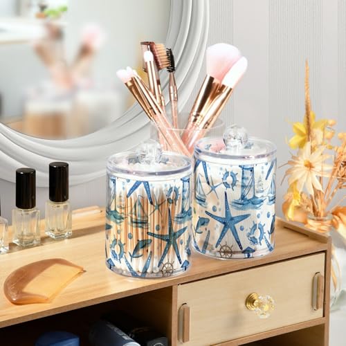 2 Pack Qtip Holder Organizer Dispenser Starfish and Lighthouse Bathroom Storage Canister Cotton Ball Holder Container for Cotton Pads (2 Count)