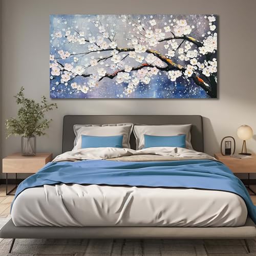 White Flowers Hand Painted Wall Art for Bedroom Blue Modern Wall Decor for Office Extra Large Wall Art for Living Room Size 36 x 72 Inch