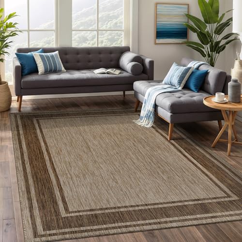 Outdoor Rug 8x10 Modern Bordered Area Rugs for Indoor and Outdoor Patio Deck Porch Garden Waterproof Weather Sun Resistant Washable Outside Carpet (80 Sq Ft)