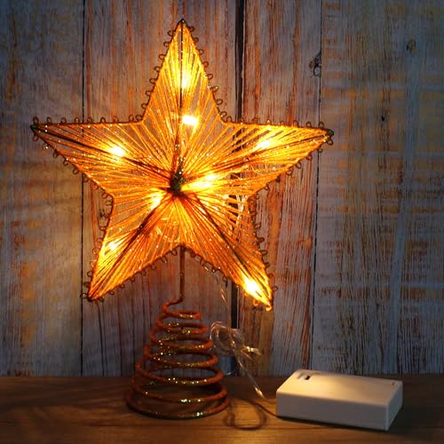 Champagne Gold Glittered 3D Tree Top Star with Warm White LED Lights and Timer for Christmas Tree Topper Decoration and Holiday Seasonal Décor