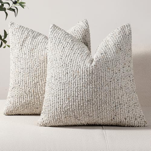 Striped Throw Pillow Covers 24x24 Set of 2 Cream Grey Textured Boucle Chic Morden Boho Accent Farmhouse Square Decorative Couch Pillow Covers for Home Decor Bed Sofa Living Room (2 Count)