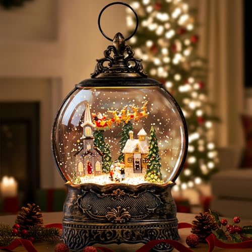 Christmas Snow Globes Lantern Snow Globe with Music Water Lantern Santa Flying Scene Elk Lighted Swirling Water Glitters Snowglobe Christmas Decoration