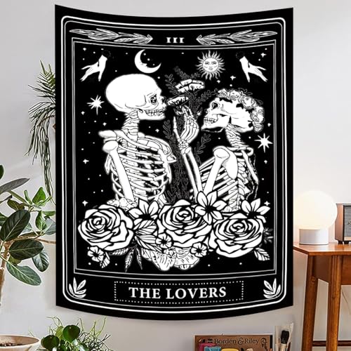 The Lovers Skull Tapestry Gothic Tapestry Vertical Black and White Skeleton Gothic Witch Sun Moon Floral Plant Snake Tapestries Wall Hanging Decor for Bedroom Dorm Room 60 x 80 Inches
