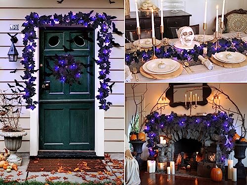 Black Halloween Maple Leaf Garland with Purple Light (2 Count)