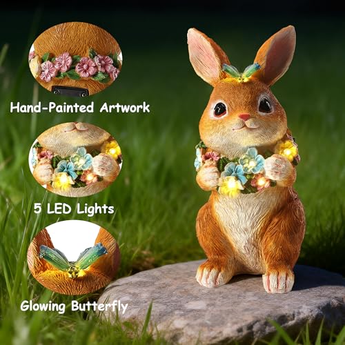Solar Garden Statues Outdoor Bunny Decorations with Butterfly & Flowers Gifts for Mom