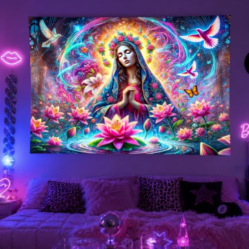 Virgin Mary Psychedelic Floral Art Blacklight Tapestry 78x59 Inch