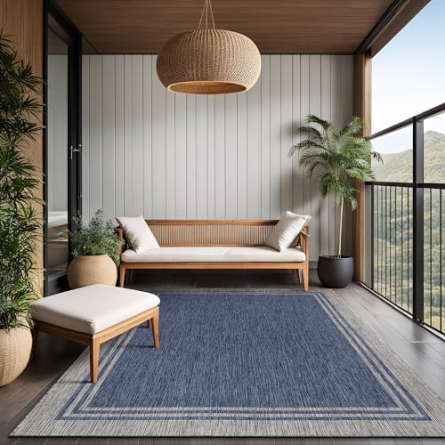 Bordered Outdoor Rug 8x10 Washable Outside Carpet for Indoor Patio Porch Waterproof Easy Cleaning Non Shedding Area Rugs Navy 8 x 10
