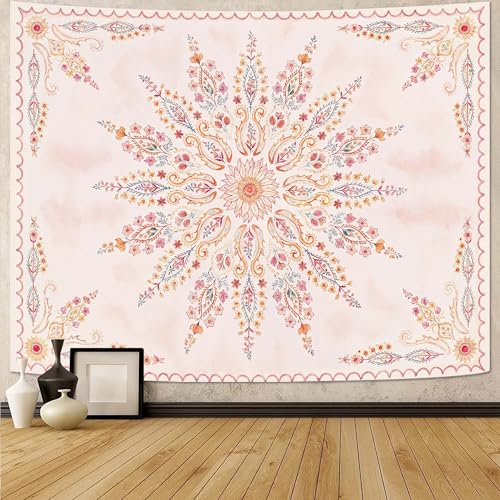 Boho Floral Mandala Tapestry for Bedroom Aesthetic Pink Bohemian Flower Wall Tapestry Watercolor Hippie Indian Large Tapestries Wall Hanging for Living Room Dorm Decor 80 x 60 Inch